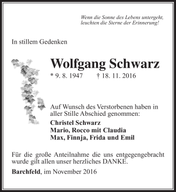 Traueranzeige von Wolfgang Schwarz von Südthüringer Presse