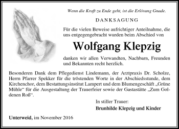 Traueranzeige von Wolfgang Klepzig von Südthüringer Presse