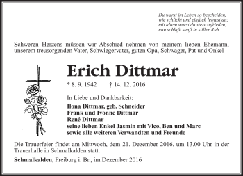 Traueranzeige von Erich Dittmar von Südthüringer Presse