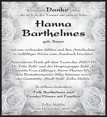 Traueranzeige von Hanna Barthelmes von Südthüringer Presse