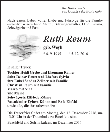 Traueranzeige von Ruth Reum von Südthüringer Presse