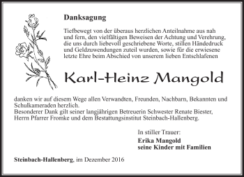 Traueranzeige von Karl-Heinz Mangold von Südthüringer Presse