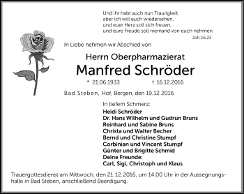Traueranzeige von Manfred Schrödeer von Frankenpost
