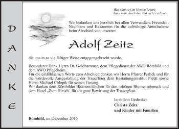 Traueranzeige von Adolf Zeitz von Südthüringer Presse