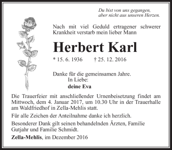Traueranzeige von Herbert Karl von Südthüringer Presse