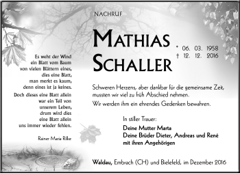 Traueranzeige von Mathias Schaller von Südthüringer Presse