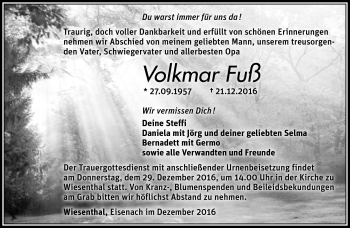 Traueranzeige von Volkmar Fuß von Südthüringer Presse