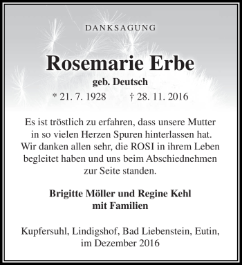 Traueranzeige von Rosemarie Erbe von Südthüringer Presse