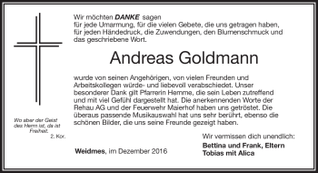 Traueranzeige von Andreas Goldmann von Frankenpost