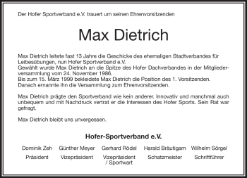 Traueranzeige von Max Dietrich von Frankenpost