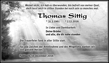 Traueranzeige von Thomas Sittig von Südthüringer Presse