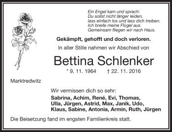 Traueranzeige von Bettina Schlenker von Frankenpost
