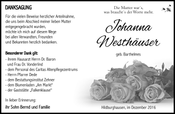 Traueranzeige von Johann Westhäuser von Südthüringer Presse