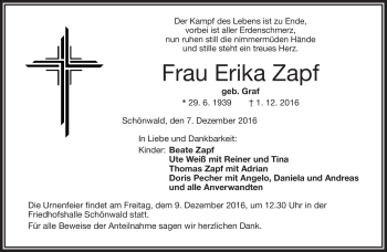 Traueranzeige von Erika Zapf von Frankenpost
