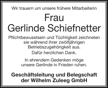 Traueranzeige von Gerlinde Schiefnetter von Frankenpost