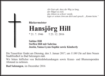 Traueranzeige von Hansjörg Hill von Südthüringer Presse