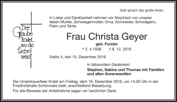 Traueranzeige von Christa Geyer von Frankenpost
