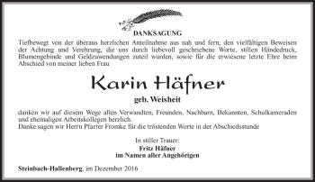 Traueranzeige von Karin Häfner von Südthüringer Presse
