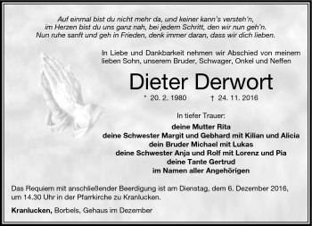 Traueranzeige von Dieter Derwort von Südthüringer Presse