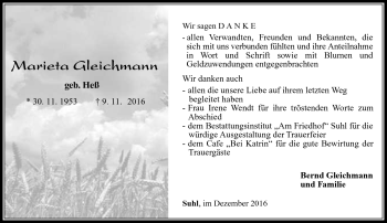 Traueranzeige von Marieta Gleichmann von Südthüringer Presse
