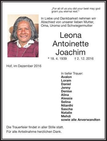 Traueranzeige von Leona Antoinette Joachim von Frankenpost