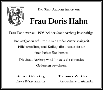 Traueranzeige von Doris Hahn von Frankenpost