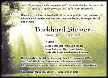 Traueranzeige von Burkhard Steiner von Südthüringer Presse