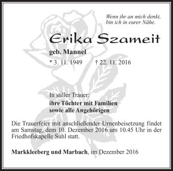 Traueranzeige von Erika Szameit von Südthüringer Presse