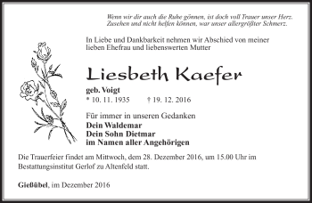 Traueranzeige von Liesbeth Kaefer von Südthüringer Presse