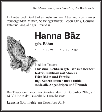 Traueranzeige von Hanna Bäz von Südthüringer Presse