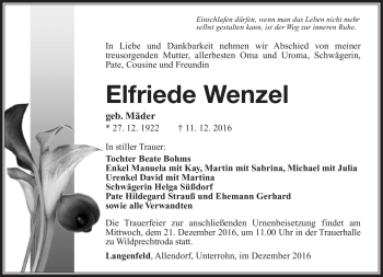 Traueranzeige von Elfriede Wenzel von Südthüringer Presse
