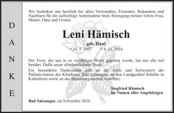 Traueranzeige von Leni Hämisch von Südthüringer Presse