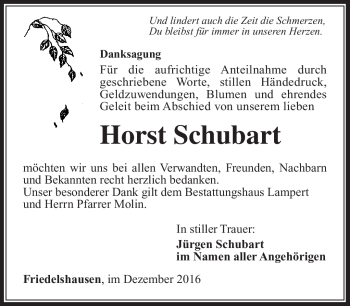 Traueranzeige von Horst Schubart von Südthüringer Presse