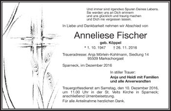 Traueranzeige von Anneliese Fischer von Frankenpost