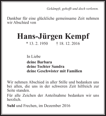Traueranzeige von Hans-Jürgen Kempf von Südthüringer Presse