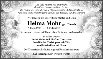 Traueranzeige von Helma Mohr von Südthüringer Presse