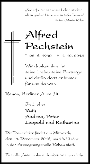 Traueranzeige von Alfred Pechstein von Frankenpost