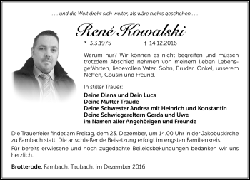 Traueranzeige von René Kowalski von Südthüringer Presse