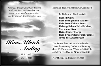 Traueranzeige von Hans-Ulrich Anding von Südthüringer Presse
