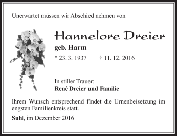 Traueranzeige von Hannelore Dreier von Südthüringer Presse