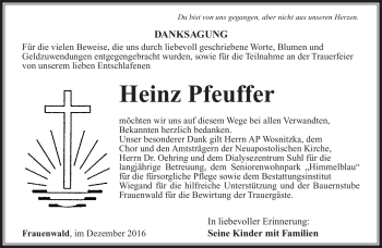 Traueranzeige von Heinz Pfeuffer von Südthüringer Presse