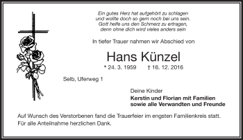 Traueranzeige von Hans Künzel von Frankenpost