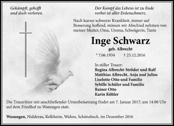 Traueranzeige von Inge Schwarz von Südthüringer Presse