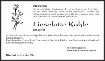 Traueranzeige von Lieselotte Kahle von Südthüringer Presse