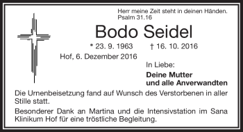 Traueranzeige von Bodo Seidel von Frankenpost