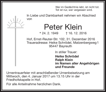Traueranzeige von Peter Klein von Frankenpost