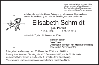 Traueranzeige von Elisabeth Schmidt von Neue Presse Coburg