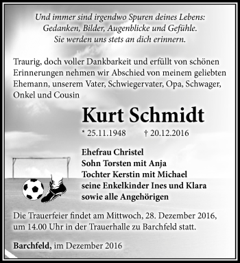 Traueranzeige von Kurt Schmidt von Südthüringer Presse
