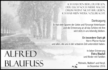 Traueranzeige von Alfred Blaufuß von Südthüringer Presse