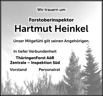 Traueranzeige von Hartmut Heinkel von Südthüringer Presse